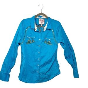 Roar Turquoise Embroidered Rhinestone Western Shirt Rock Revival Cowgirl XL